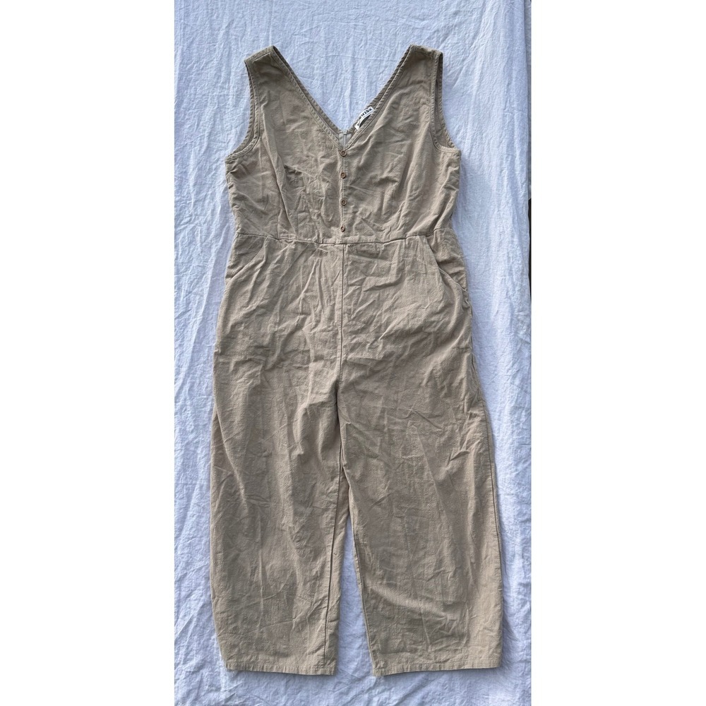 ECOWISH Jumpsuit Womens Khaki Tan Linen Blend Wide Leg V-Neck Sleeveless XL - Picture 2 of 8